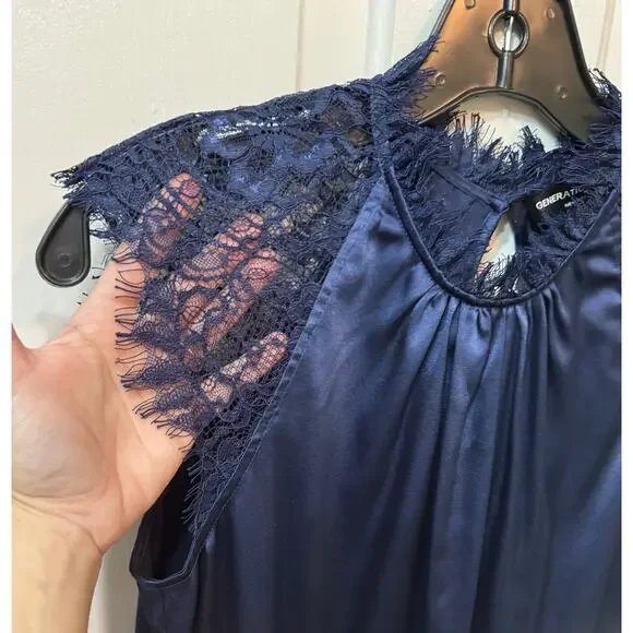 NWT Generation Love Charolette Navy Blue Silk Lace Sleeve Blouse Top Size S - Picture 4 of 10